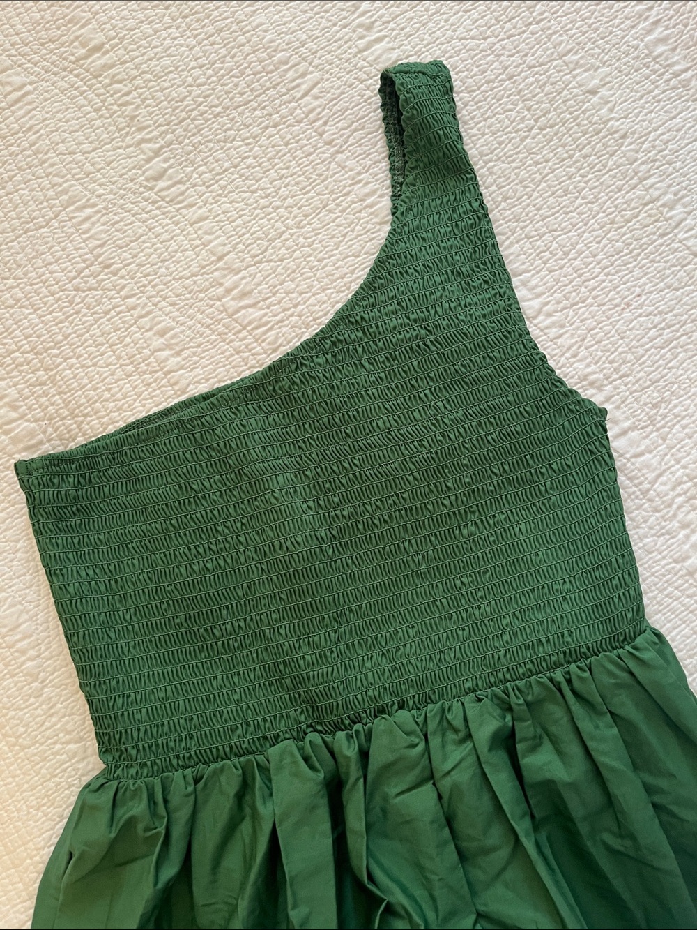 One-Shoulder Green Smocked Dress